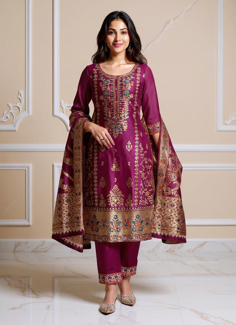 Purple Banarasi Zari Jacquard Silk Straight Pant Suit
