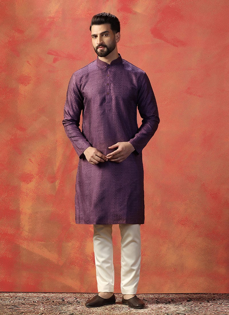 Purple Banglory Silk Embroidered Kurta Pyjama Festive Wear