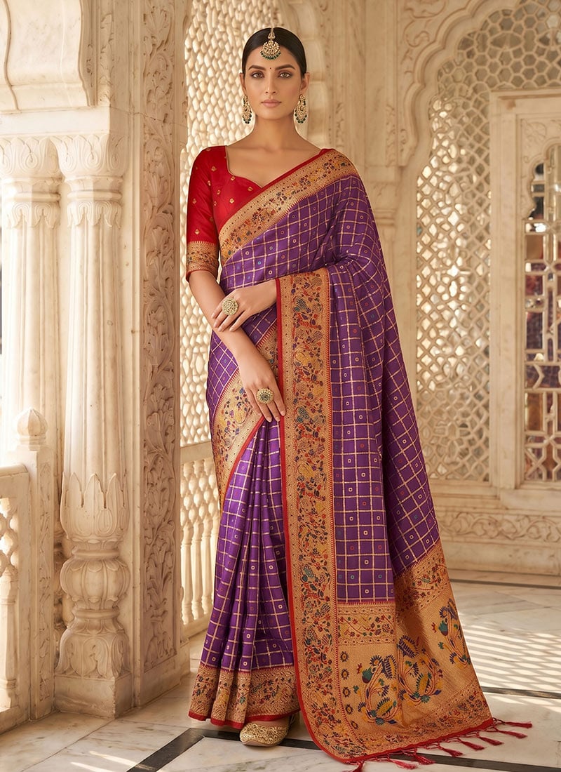 Purple Banrasi Silk Zari Woven Saree Festive Wear