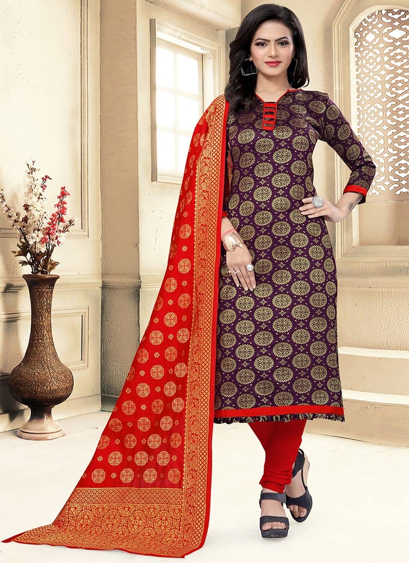 Purple Benarasi Art Silk Churidar Suit