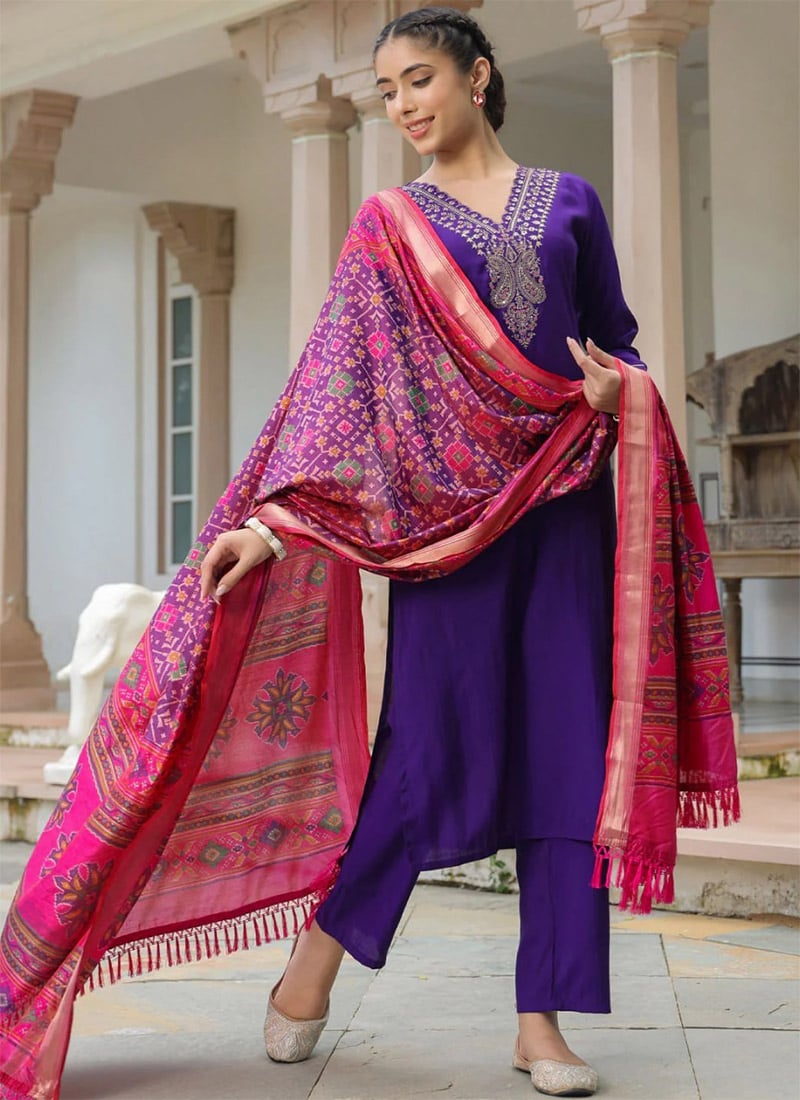 Purple Blended Cotton Embroidered Straight Pant Suit With Patola Print Dupatta After Six Wear