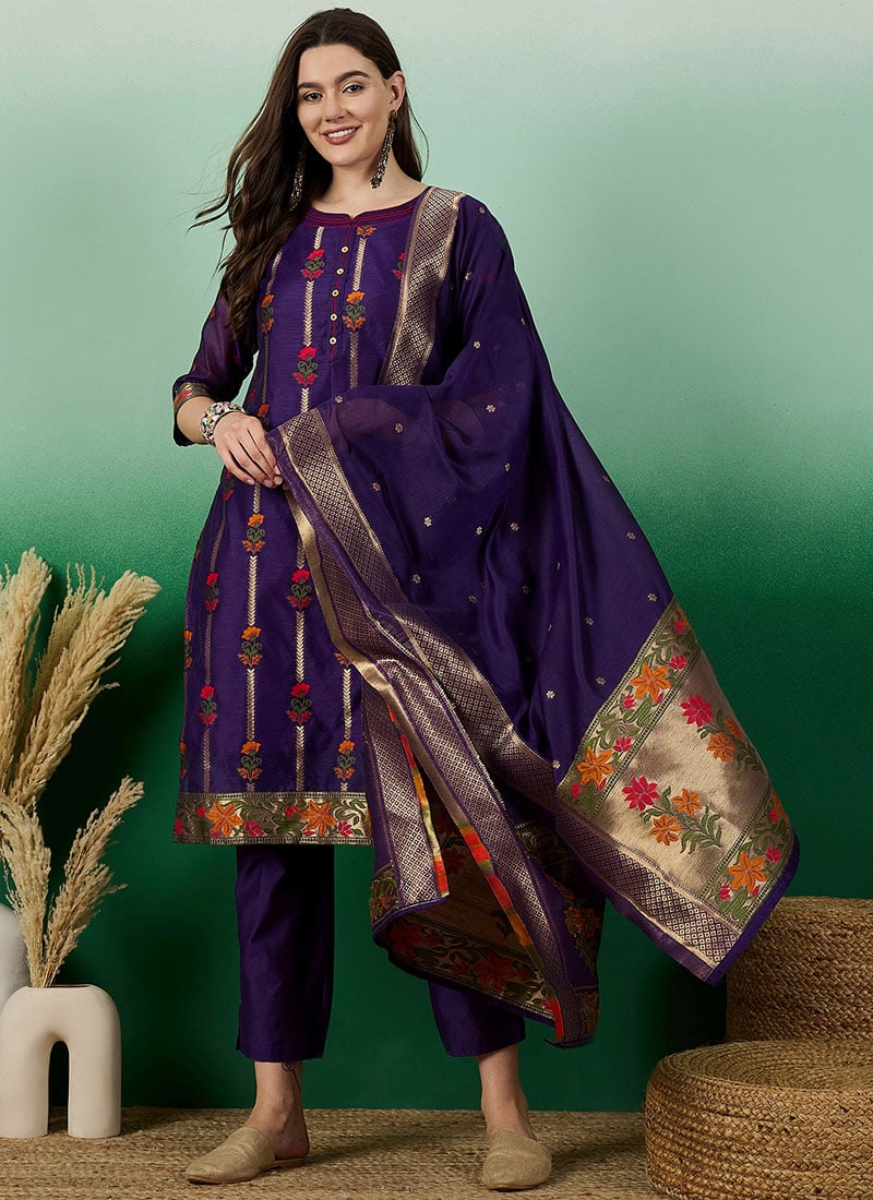 Purple Chanderi Cotton Jacquard Straight Pant Suit Festive Wear