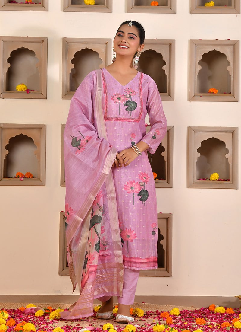 Purple Chanderi Cotton Printed And Gota Straight Pant Suit After Six Wear