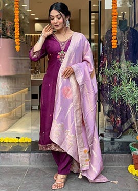 Purple Chanderi Embroidered  Anarkali Suit With Jacquard Dupatta