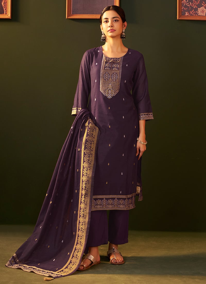 Purple Chanderi Jacquard Straight Pant Suit After Six Wear