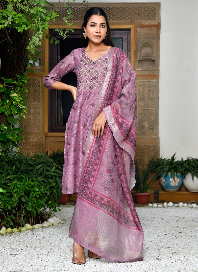 Purple Chanderi Printed Embroidered Straight Pant Suit