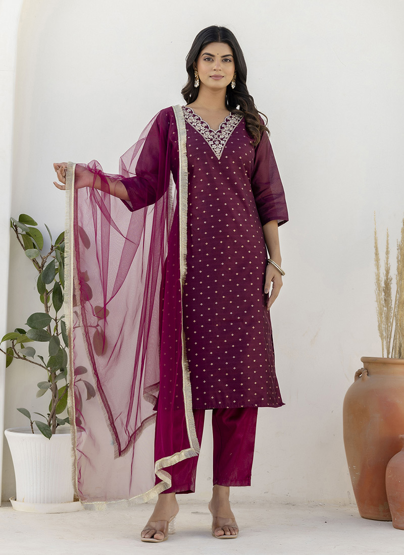 Purple Chanderi Silk Embroidered Sequins Straight Pant Suit