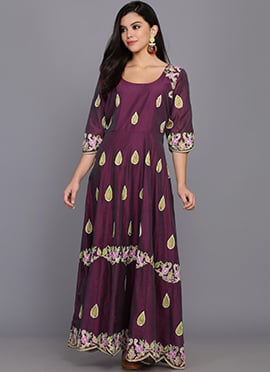 Purple Chanderi Silk Thread Embroidered Long Kurti