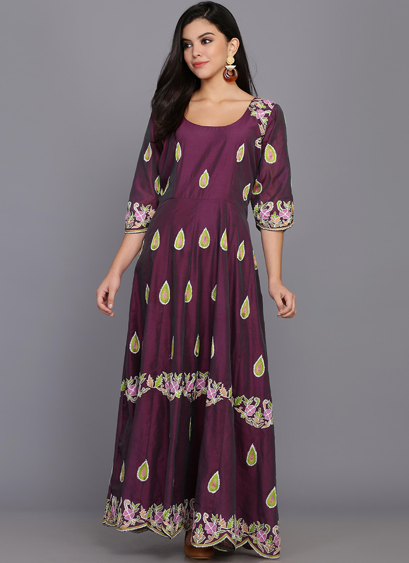 Purple Chanderi Silk Thread Embroidered Long Kurti
