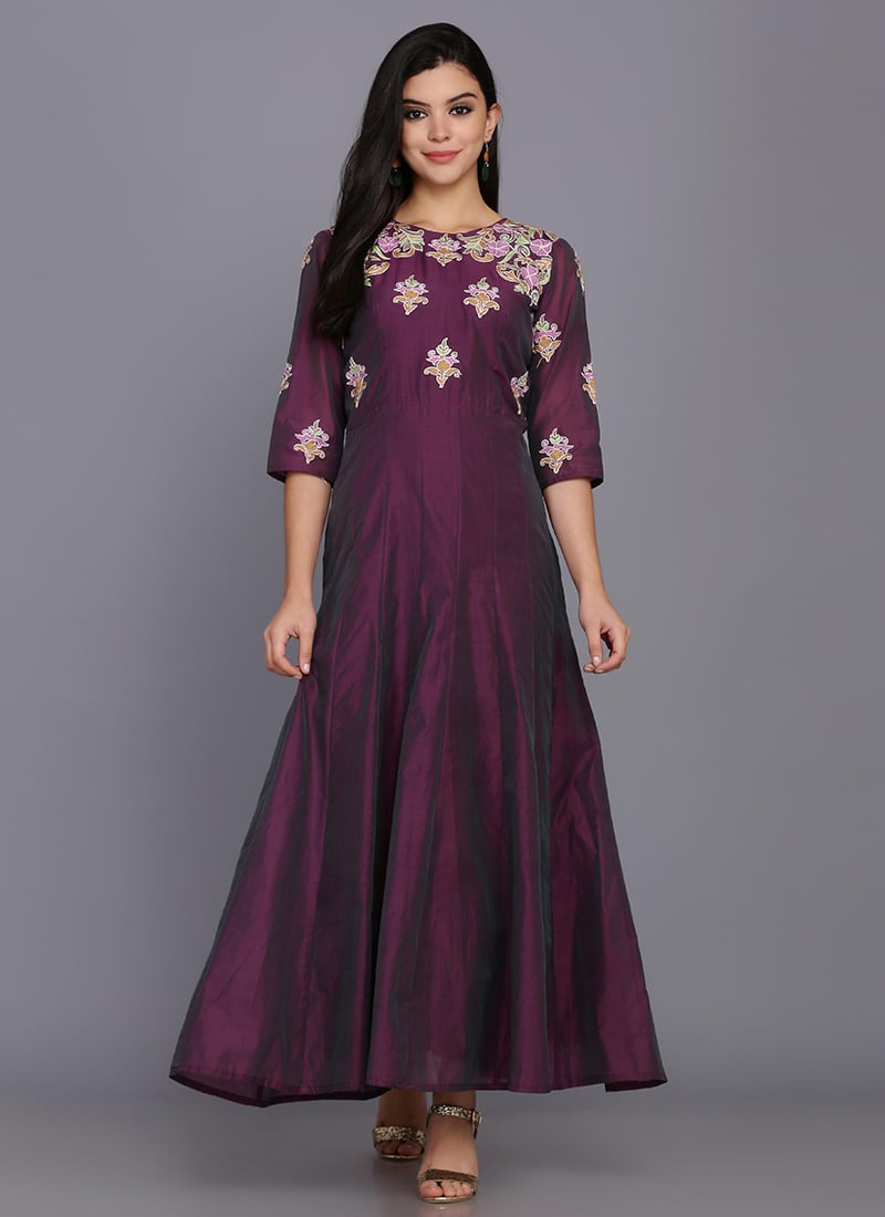Purple Chanderi Silk Thread Embroidered Long Kurti