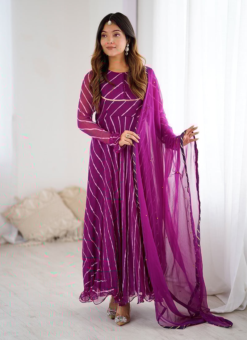 Purple Chiffon Leheriya Print Anarkali Suit After Six Wear