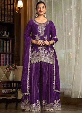Purple Chiffon Embroidered Sequin With Stone Work Palazzo Suit
