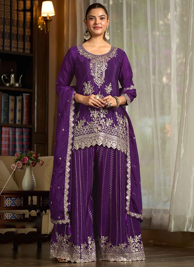 Purple Chiffon Embroidered Sequin With Stone Work Palazzo Suit Festive Wear