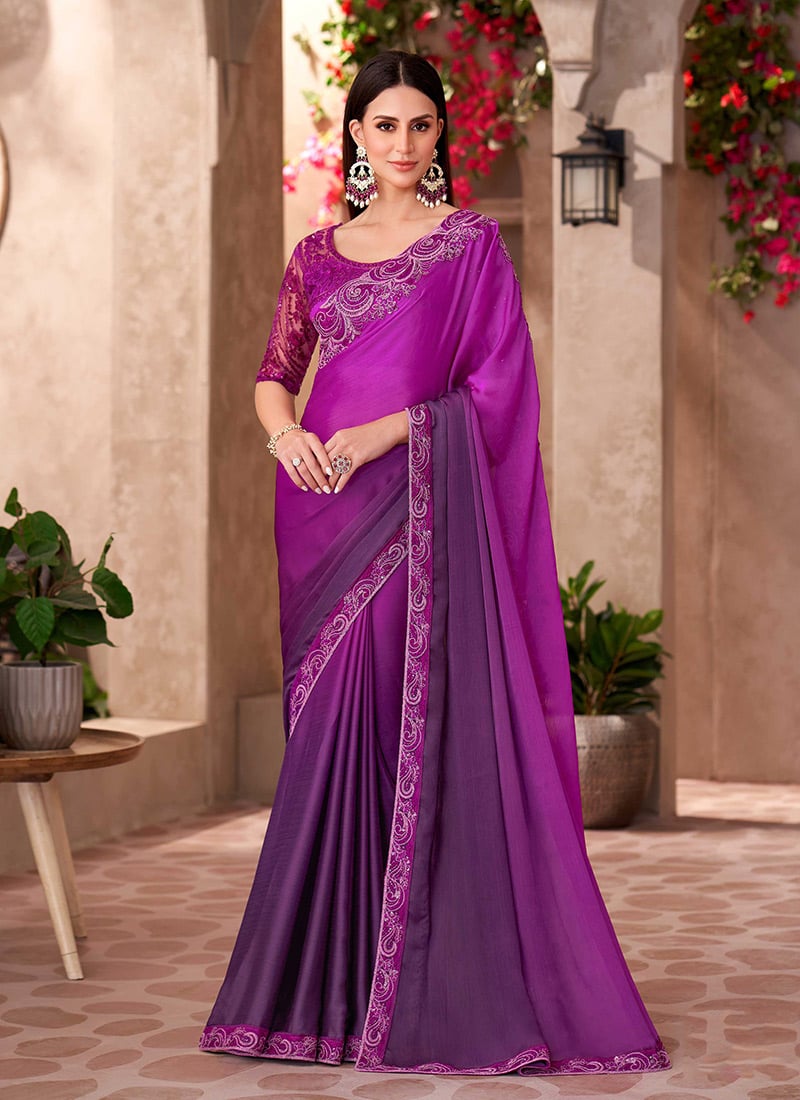 Purple Chiffon Embroidered Sequins Cut Work Saree