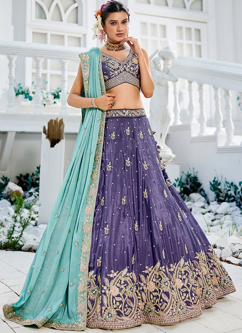 Purple Chiffon Embroidered Sequins Lehenga Wedding Wear