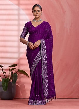 Purple Chiffon Embroidered Tikki Work Thread Saree