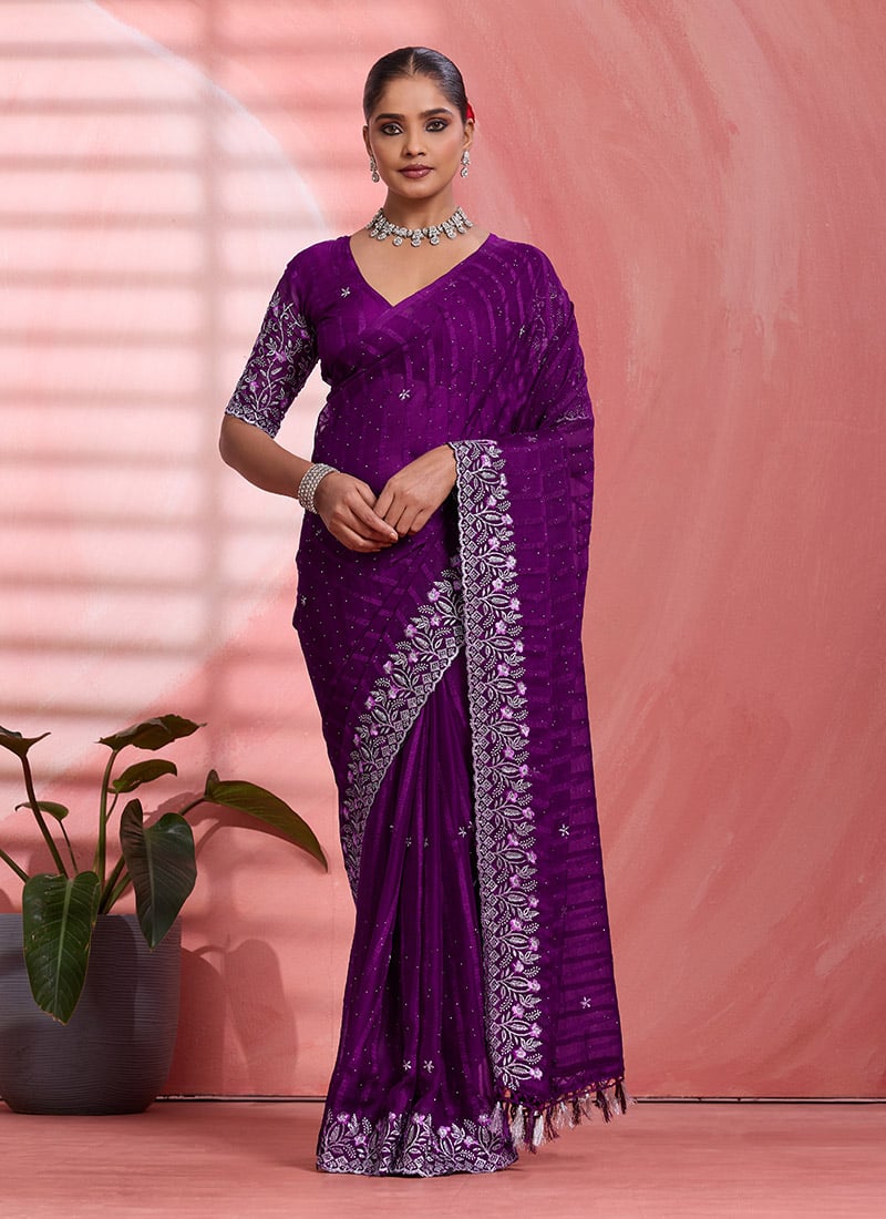 Purple Chiffon Embroidered Tikki Work Thread Saree Festive Wear