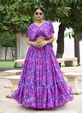 Purple Chiffon Floral Print Indowestern Skirt Set  After Six Wear