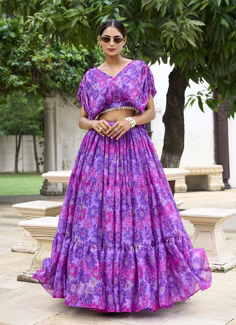 Purple Chiffon Floral Print Indowestern Skirt Set  After Six Wear
