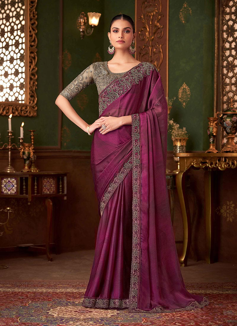 Purple Chiffon Silk Zari Embroidered Sequins Saree For Glamorous Occasions