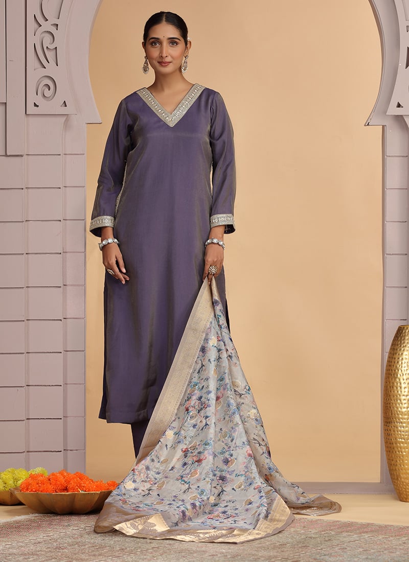 Purple Chiffon Zari Embroidered Sequins Straight Pant Suit Festive Wear