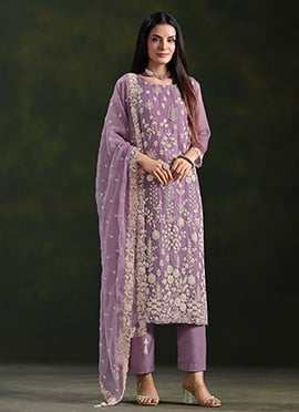 Purple Chiffon Zari Embroidered Sequins Straight Pant Suit