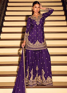 Purple Chinnon Silk Embroidered Sequins Palazzo Suit