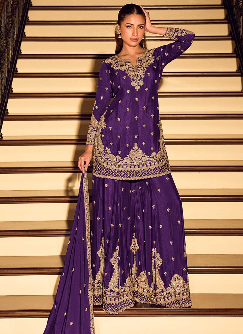 Purple Chinnon Silk Embroidered Sequins Palazzo Suit Wedding Wear