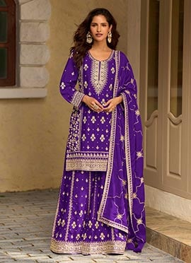 Purple Chinnon Silk Embroidered Sequins Palazzo Suit
