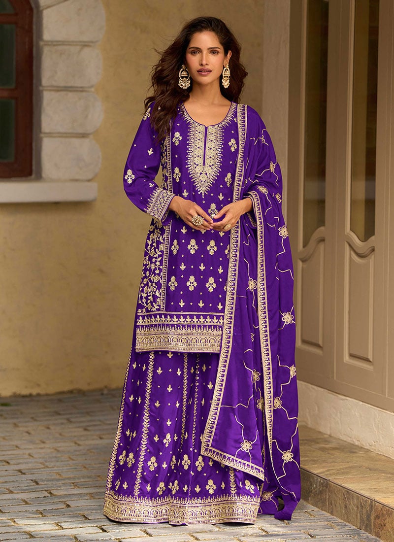 Purple Chinnon Silk Embroidered Sequins Palazzo Suit Festive Wear