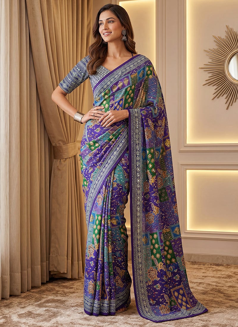 Purple Chinon Ajrak Mirror Work Saree Festive Wear