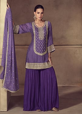 Purple Chinon Bandhini Print Zari Embroidered Sequins Palazzo Suit