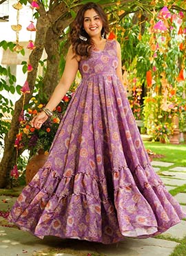 Purple Chinon Digital Print Anarkali Gown