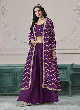 Purple Chinon Embroidered Indowestern Sets and Suits
