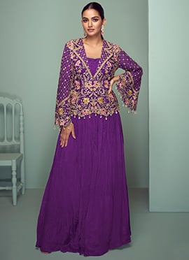 Purple Chinon Embroidered Indowestern Skirt Set