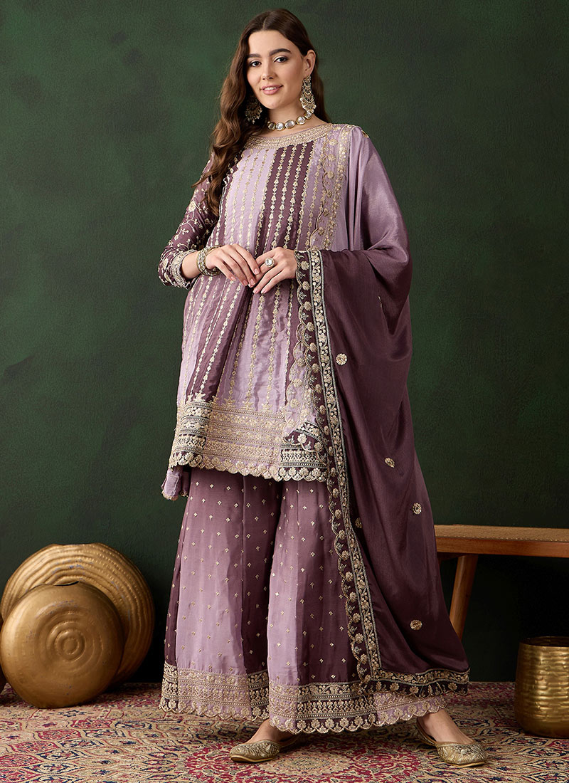 Purple Chinon Embroidered Pakistani Palazzo Suit Festive Wear