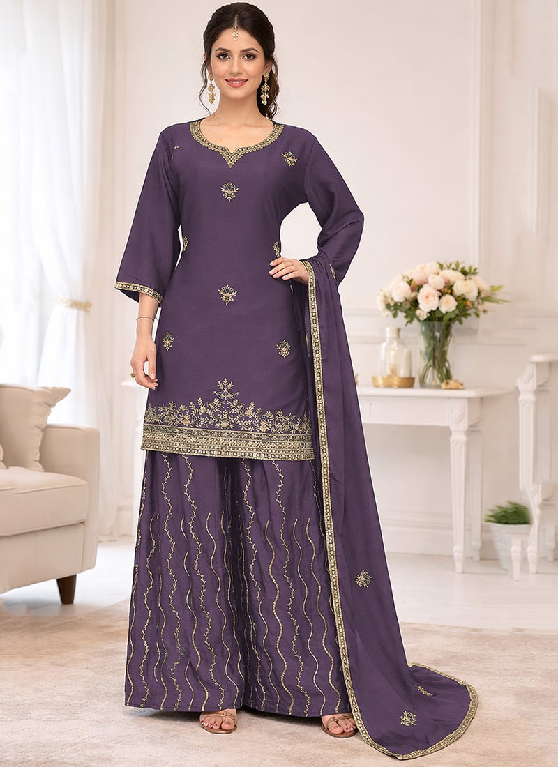 Purple Chinon Embroidered Palazzo Suit Festive Wear