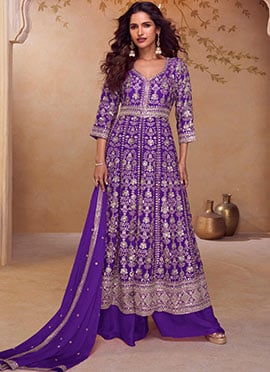 Purple Chinon Embroidered Sequin High Slit Anarkali Suit
