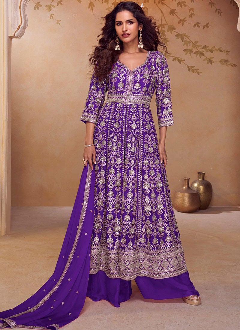 Purple Chinon Embroidered Sequin High Slit Anarkali Suit Wedding Wear