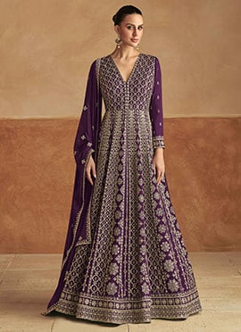 Purple Chinon Embroidered Sequins A Line Anarkali Suit