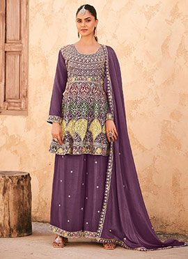 Purple Chinon Embroidered Sequins A Line Palazzo Suit