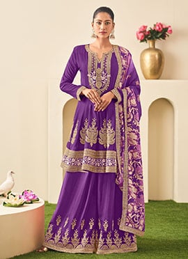 Purple Chinon Embroidered Sequins A Line Palazzo Suit With Digital Print Dupatta