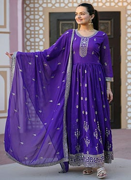 Purple Chinon Embroidered Sequins Anarkali Suit