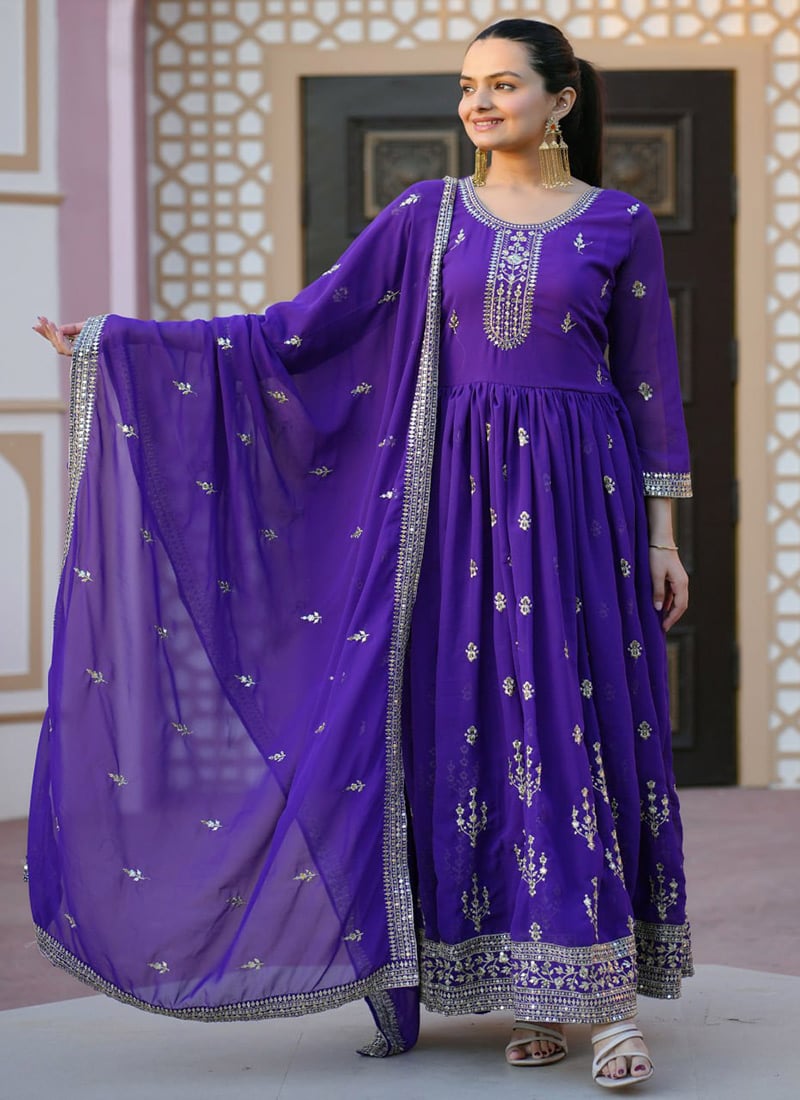 Purple Chinon Embroidered Sequins Anarkali Suit Festive Wear
