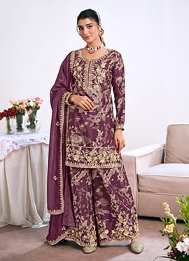 Purple Chinon Embroidered Sequins And Printed Palazzo Suit