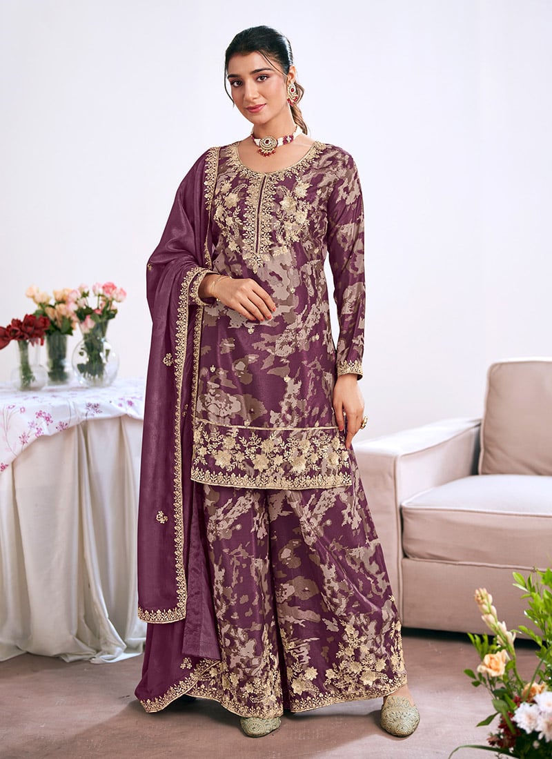 Purple Chinon Embroidered Sequins And Printed Palazzo Suit Festive Wear