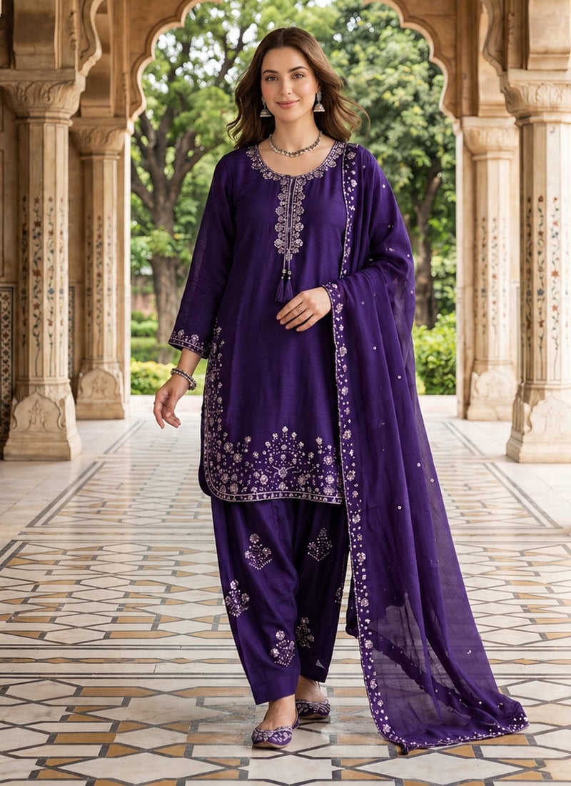 Purple Chinon Embroidered Sequins Farshi Suit Festive Wear