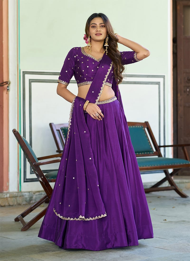 Purple Chinon Embroidered Sequins Lehenga Festive Wear