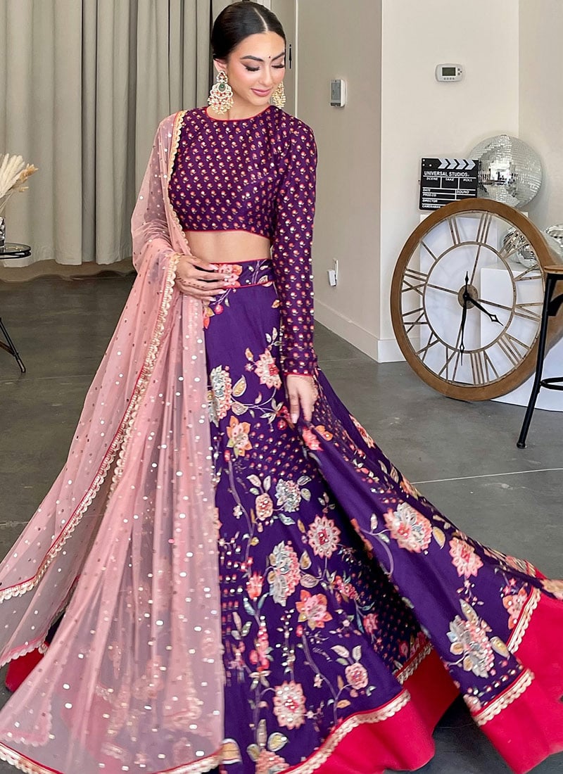 Purple Chinon Embroidered Sequins Lehenga Festive Wear