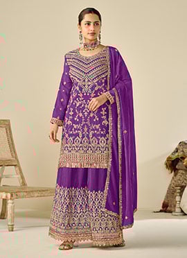 Purple Chinon Embroidered Sequins Pakistani Palazzo Suit